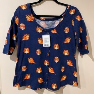Anthropologie Blue and Orange Owl Print Blouse